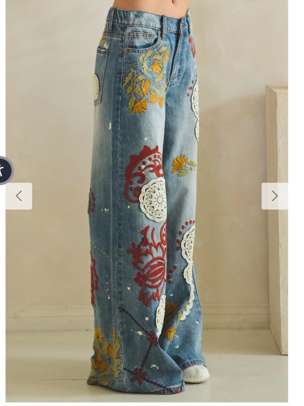 🎉 Oli and Hali “DEE” OLI & Hali WIDE LEG DENIM PANTS WITH EMBROIDERY DETAIL 34 - Picture 11 of 14